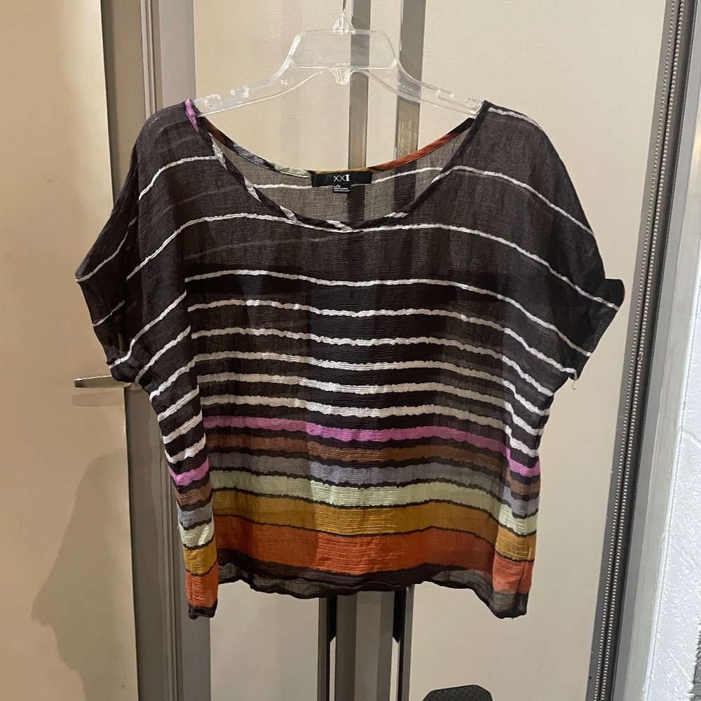 🌟 Forever 21 Sheer Black & Multicolor Blouse – Size L – Flowy Lightweight Top